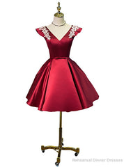 Red Satin Cap Sleeve V-neck Homecoming Dresses