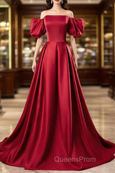 Red Satin Off Shoulder Long Simple A-Line Wedding Party Dress, Red Long Evening Dress