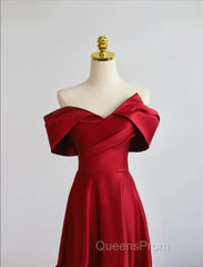 Red Satin Off Shoulder Sweetheart Long Party Dress, Red Satin Evening Prom Dress