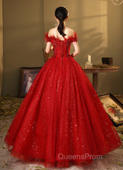 Red Scoop Ball Gown Shiny Tulle Off Shoulder Party Dress, Red Sweet 16 Dress Formal Dress