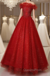Red Scoop Ball Gown Shiny Tulle Off Shoulder Party Dress, Red Sweet 16 Dress Formal Dress