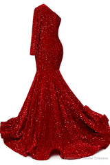 Red Sequins Mermaid Prom Dresses One Shoulder Evening Dresses Floor Length Wedding Party Gowns