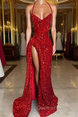 Red Sequins Evening Prom Dress High Slit Halter Sleeveless Sparkly Long Party Evening Dress for Black Girls