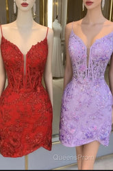 Red Spaghetti Straps Applique Tight Homecoming Dress