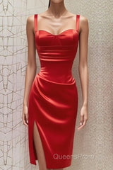 Red Sweetheart Neckline Slit Homecoming Dress Midi Evening Prom Dress
