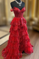 Red Sweetheart Tulle Off Shoulder Layers Long Party Dress, A-Line Red Tulle Evening Prom Dress