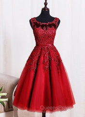 Red Tea Length Round Homecoming Dress, Lace Applique Red Party Dress, Vintage Style Evening Prom Dress