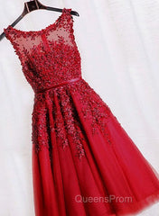 Red Tea Length Round Homecoming Dress, Lace Applique Red Party Dress, Vintage Style Evening Prom Dress