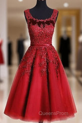 Red Tea Length Round Homecoming Dress, Lace Applique Red Party Dress, Vintage Style Evening Prom Dress