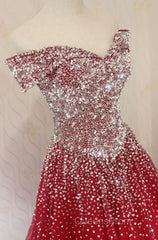 Red Tulle Beaded Off The Shoulder Long Party Gown, Red Formal Dress