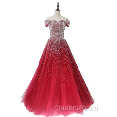 Red Tulle Beaded Off The Shoulder Long Party Gown, Red Formal Dress