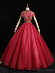 Red Tulle High Neck Cap Sleeve Beading Quinceanera Dress