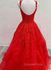 Red Tulle Lace Appliques Long Evening Prom Dress A Line Formal Evening Dress
