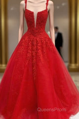 Red Tulle Lace Appliques Long Evening Prom Dress A Line Formal Evening Dress
