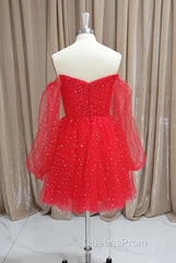 Red Tulle Long Puffy Sleeves Short Evening Prom Dress, Red Tulle Homecoming Dress