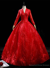 Red Tulle Long Sleeve V-neck Backless Quinceanera Dress