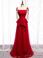 Red Tulle Spagehtti Straps Sequins Long Prom Dress