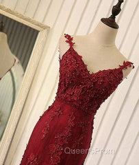 Red V Neck Lace Mermaid Long Evening Prom Dress, Red Evening Dress
