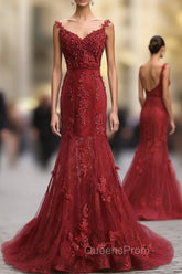 Red V Neck Lace Mermaid Long Evening Prom Dress, Red Evening Dress