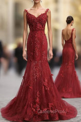 Red V Neck Lace Mermaid Long Evening Prom Dress, Red Evening Dress