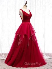 Red V Neck Long Evening Prom Dress with Corset Back, Red Floor Length Evening Prom Gown, Evening Dress