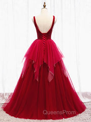 Red V Neck Long Evening Prom Dress with Corset Back, Red Floor Length Evening Prom Gown, Evening Dress