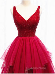 Red V Neck Long Evening Prom Dress with Corset Back, Red Floor Length Evening Prom Gown, Evening Dress