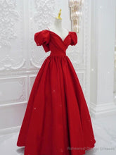 Red V Neck Satin Long Prom Dress, Red Formal Evening Dresses
