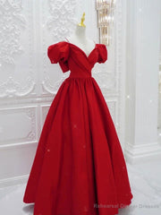 Red V Neck Satin Long Prom Dress, Red Formal Evening Dresses