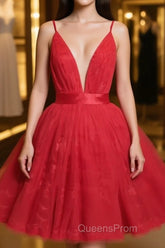 Red v neck tulle lace short Evening Prom Dress,Mini homecoming Dress cocktail Dress