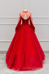 Red Velvet And Tulle Floor Length Evening Prom Dress, Long Sleeve Beautiful A-Line Party Dress