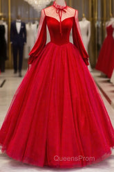 Red Velvet And Tulle Floor Length Evening Prom Dress, Long Sleeve Beautiful A-Line Party Dress