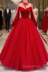 Red Velvet And Tulle Floor Length Evening Prom Dress, Long Sleeve Beautiful A-Line Party Dress
