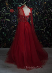Red Velvet Evening Prom Dress Tulle Evening Gowns