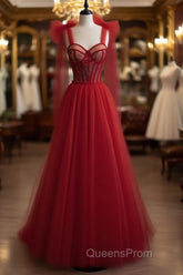 Red Velvet Evening Prom Dress Tulle Evening Gowns