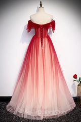 Red Off the Shoulder Long Tulle Evening Prom Dress with Beading, Party Gown with Sequins