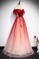 Red Off the Shoulder Long Tulle Evening Prom Dress with Beading, Party Gown with Sequins