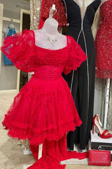 Red Tulle Puff Sleeves Ruffles Tulle Homecoming Dress