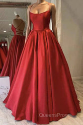 Red Satin Spaghetti Straps Long Evening Prom Dress, Puffy Princess Formal Gown