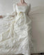 Retro Elegant Ivory A-Line Square Neck Long Sleeve Embroidered Lace Long Classy Prom Dress