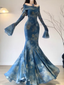 Retro Mermaid Off The Shoulder Floral Blue Long Sleeves Party Dress Birthday Outfits