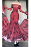 Retro Mermaid Off The Shoulder Floral Red Long Sleeves Party Dress Birthday Outfits
