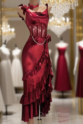 Retro Mermaid Spaghetti Straps Burgundy Lace Evening Prom Dress Birthday Outfits