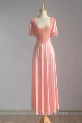 Retro Pink Long Bridesmaid Dress Lace Evening Prom Dress
