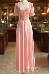 Retro Pink Long Bridesmaid Dress Lace Evening Prom Dress