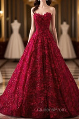 Romantic Burgundy Lace Embroidery Sweetheart Wedding Dress Princess