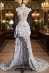 Romantic High Low One Shoulder Lace White Long Wedding Dress