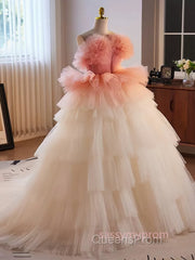 Romantic Pink Tulle Ball Gown Ombre Tiers Evening Prom Dress