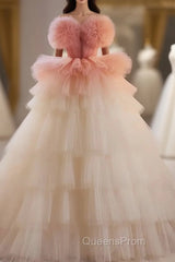 Romantic Pink Tulle Ball Gown Ombre Tiers Evening Prom Dress