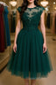 Round Neck Beaded Green Lace Short Evening Prom Homecoming Dress, Short Green Lace Formal Graduation Evening Dress